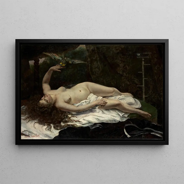 Woman with a Parrot - Gustave Courbet — framed artwork on a wall
