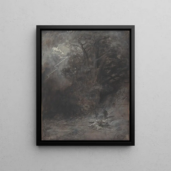 a rider and a dead horse in a landscape - Gustave Doré — framed artwork on a wall