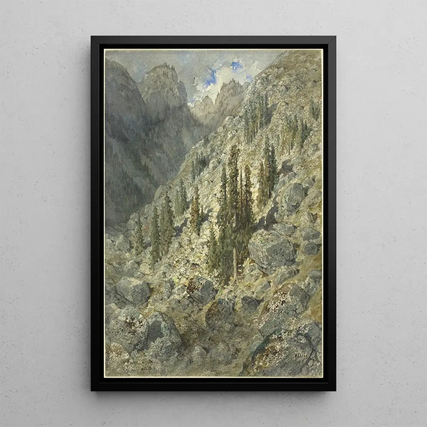an alpine valley with trees and rocks - Gustave Doré — framed artwork on a wall
