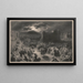 a Crucifixion scene in a dark, stormy city with crowds and Roman soldiers surrounding two men - Gustave Doré — framed artwork on a wall