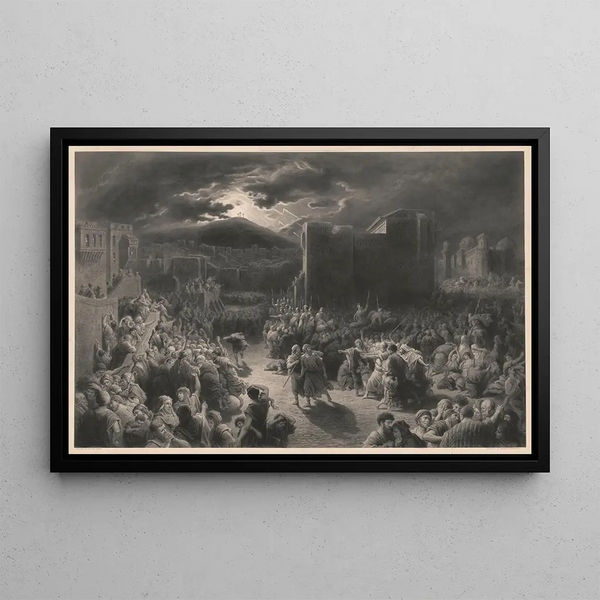 a Crucifixion scene in a dark, stormy city with crowds and Roman soldiers surrounding two men - Gustave Doré — framed artwork on a wall