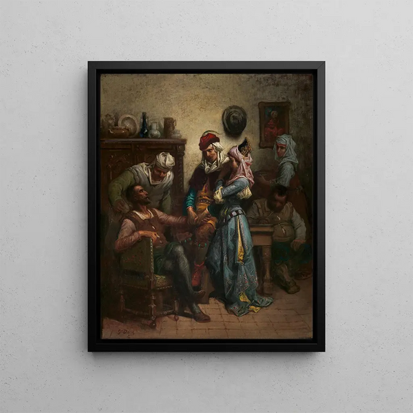 Don Quixote and Sancho Panza entertained by Basile and Quiteria - Gustave Doré — framed artwork on a wall