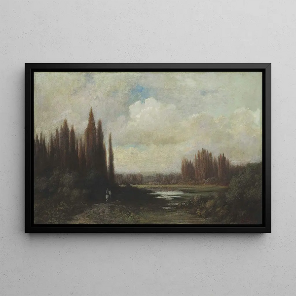 Landscape painting with a rider near a pond - Gustave Doré — framed artwork on a wall
