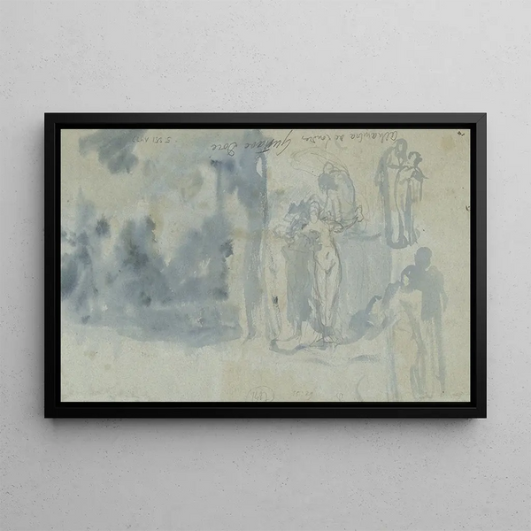 Sketches of people, including a female nude - Gustave Doré — framed artwork on a wall