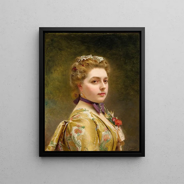 a lady in a golden dress - Gustave Jean Jacquet — framed artwork on a wall