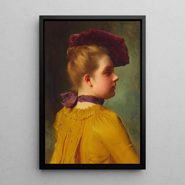 Portrait of a lady with a plum hat - Gustave Jean Jacquet — framed artwork on a wall