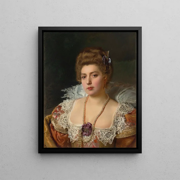 Portrait of a woman wearing pearls - Gustave Jean Jacquet — framed artwork on a wall