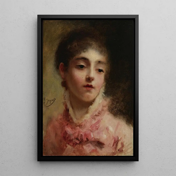 Young woman in pink dress - Gustave Jean Jacquet — framed artwork on a wall