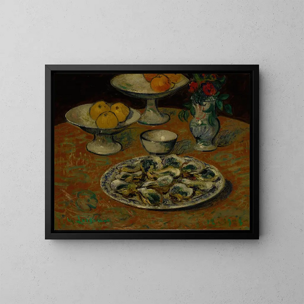 Still life with oysters, fruits, and flowers - Gustave Loiseau — framed artwork on a wall