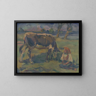 A Little Girl with a Cow - Gustav Mahler — framed artwork on a wall