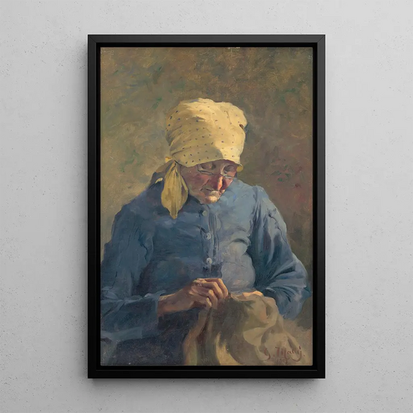 Old woman sewing - Gustav Mahler — framed artwork on a wall