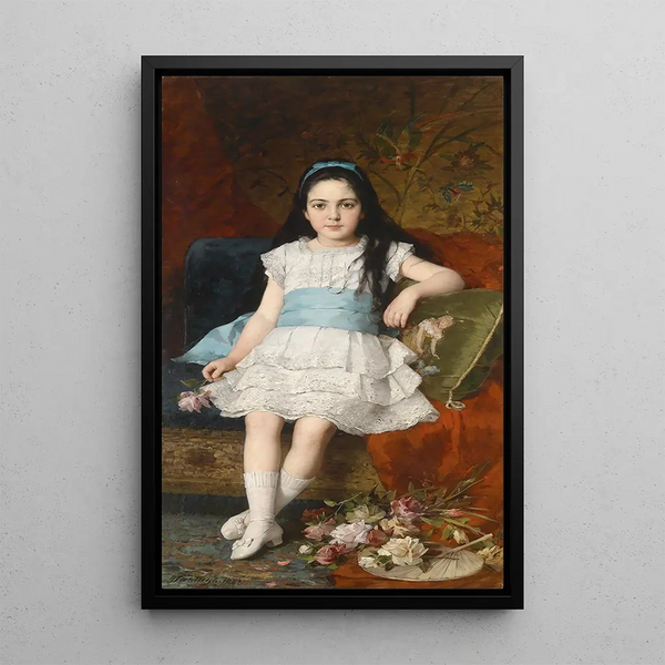 Portrait of a girl in a white dress with a blue belt - György Vastagh — framed artwork on a wall
