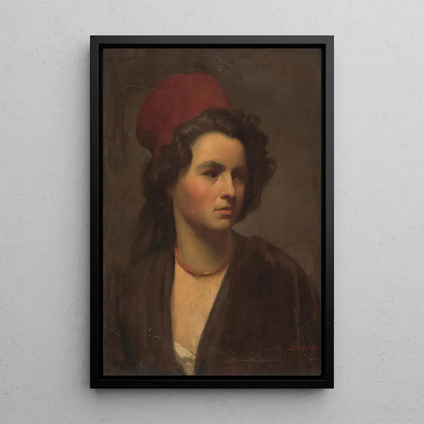 Portrait of a girl with a red scarf - Gyula Benczúr — framed artwork on a wall