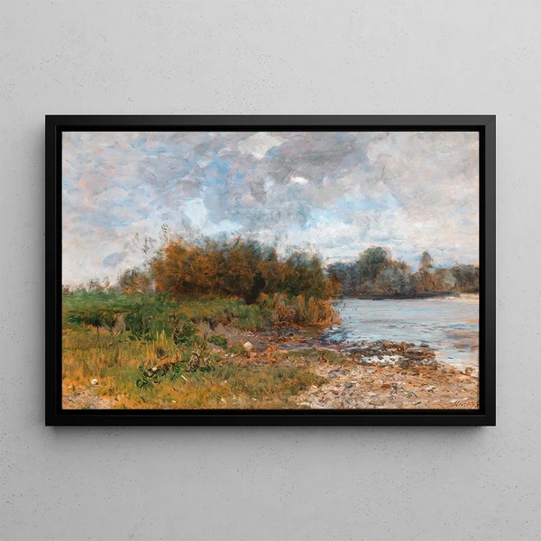 River landscape painting - Géza Mészöly — framed artwork on a wall