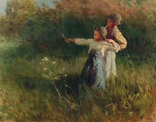 Two boys with a slingshot in the summer meadow - Géza Peske — artwork view
