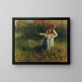 Two boys with a slingshot in the summer meadow - Géza Peske — framed artwork on a wall