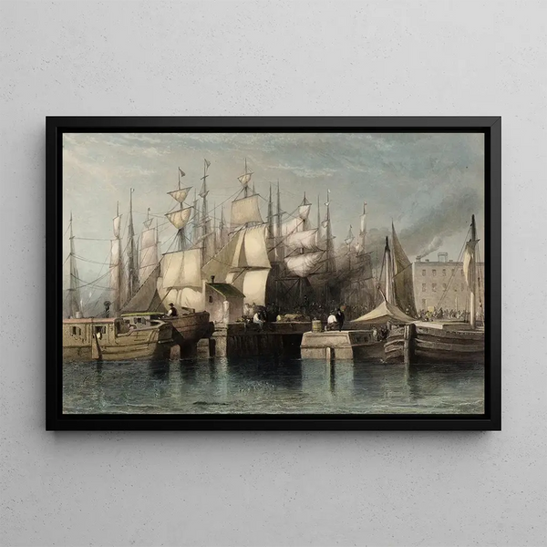 Quai and ships in New York - H S Beckwith — framed artwork on a wall