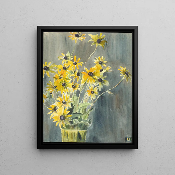 Vase avec des Susans aux yeux noirs - Hannah Borger Overbeck — framed artwork on a wall