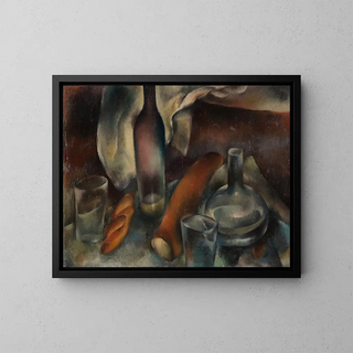 Still life with bottles and baguettes - Hanns Bolz — framed artwork on a wall