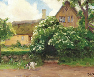 Flowering Elderberry and Dog at the Farm Entrance in the Village - Hans Andersen Brendekilde — artwork view