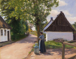 Danois village street with peasant woman and milkman - Hans Andersen Brendekilde — artwork view