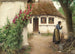 a woman near a farm with red hollyhocks - Hans Andersen Brendekilde — artwork view
