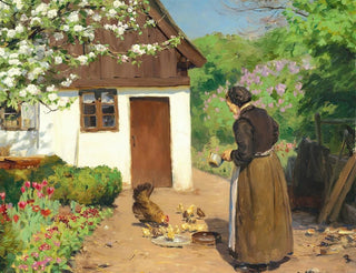 "Les oies sont nourries devant la maison de paysan blanchie à la chaux un jour d'été" by Hans Andersen Brendekilde — artwork view