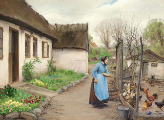 Cows feeding a man in front of a whitewashed farm on an autumn afternoon - Hans Andersen Brendekilde — artwork view