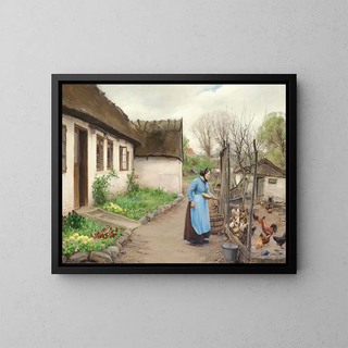 Cows feeding a man in front of a whitewashed farm on an autumn afternoon - Hans Andersen Brendekilde — framed artwork on a wall