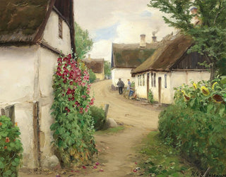 Summer Day in a Village Street with Sunflowers and Red Hollyhocks - Hans Andersen Brendekilde — artwork view