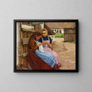 the girls with manual work sitting in a village square - Hans Andersen Brendekilde — framed artwork on a wall