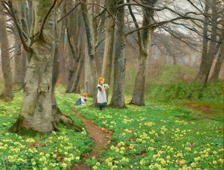 Les enfants cueillent des fleurs dans la forêt printanière - Hans Andersen Brendekilde — artwork view