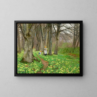 Les enfants cueillent des fleurs dans la forêt printanière - Hans Andersen Brendekilde — framed artwork on a wall