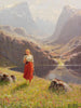 Summer at the Norwegian fjord: Girl returning home with a rake and a box - Hans Andreas Dahl — artwork view