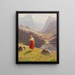 Summer at the Norwegian fjord: Girl returning home with a rake and a box - Hans Andreas Dahl — framed artwork on a wall