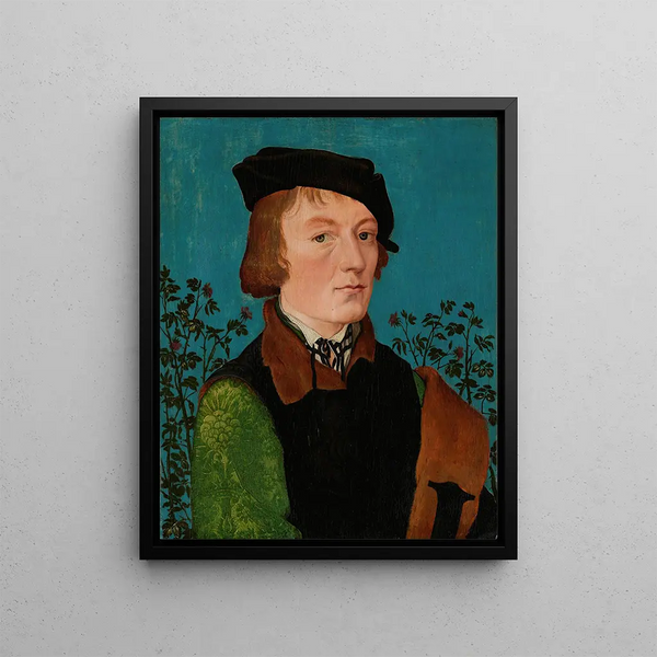 Portrait of a man in front of a rose bush hedge - Hans Baldung — framed artwork on a wall