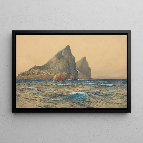 View of Gibraltar from the Hohenzollern Shore - Hans Bohrdt — framed artwork on a wall