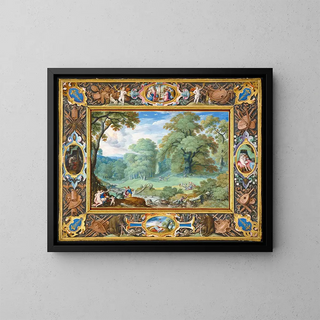 Landscape with the story of Venus and Adonis - Hans Bol — framed artwork on a wall