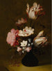 Nature morte avec tulipes, pivoines, anémones, jacinthes et autres fleurs dans un vase en verre sur un rebord en pierre - Hans Bollongier — artwork view