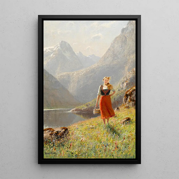 A young girl with a basket in the mountains - Hans Dahl — framed artwork on a wall