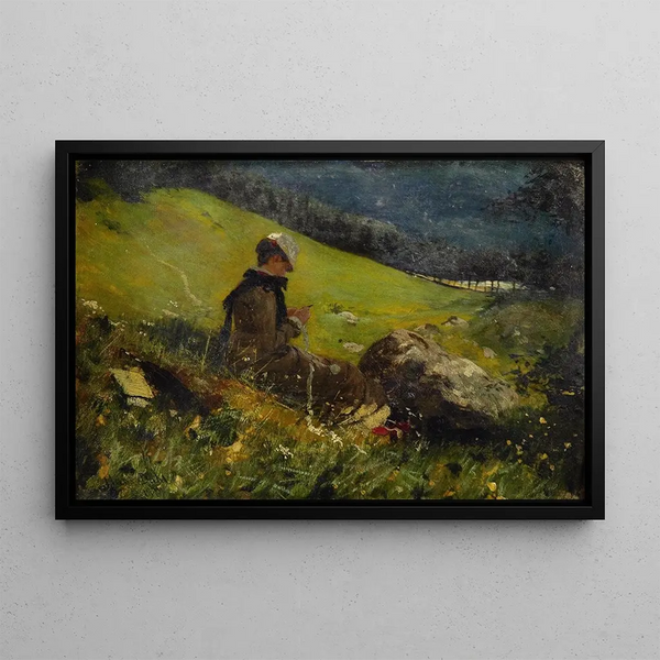 Girl in a Field Knitting - Hans Dahl — framed artwork on a wall