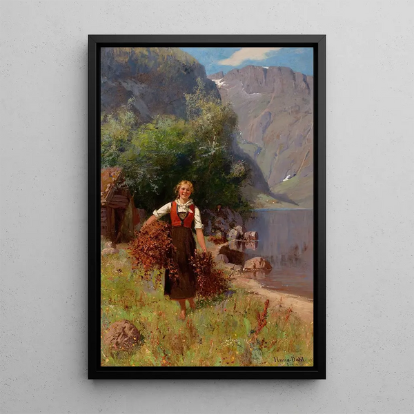 Girl in a Fjord Landscape - Hans Dahl — framed artwork on a wall