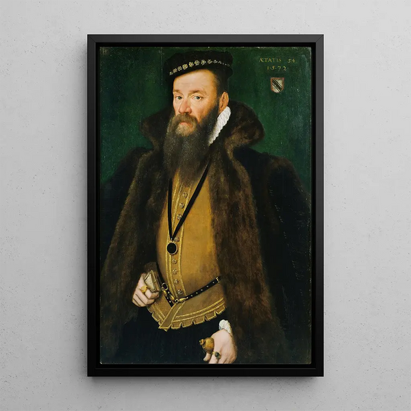 Portrait of a gentleman from the Selwyn family - Hans Eworth — framed artwork on a wall