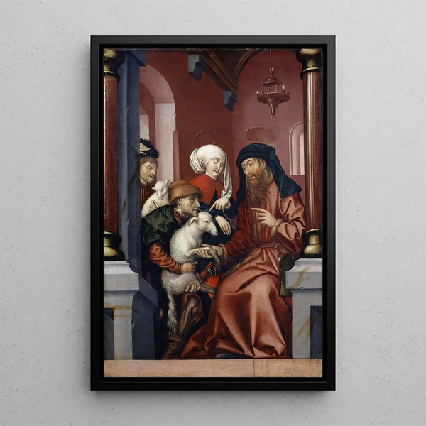 Joachim and Anne choosing a lamb for the sacrifice - Hans Fries — framed artwork on a wall