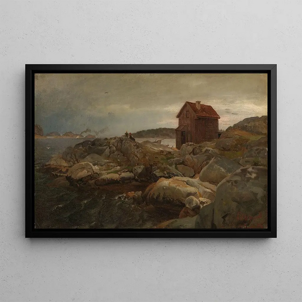 House of Fisherman in Lillesand - Hans Gude — framed artwork on a wall