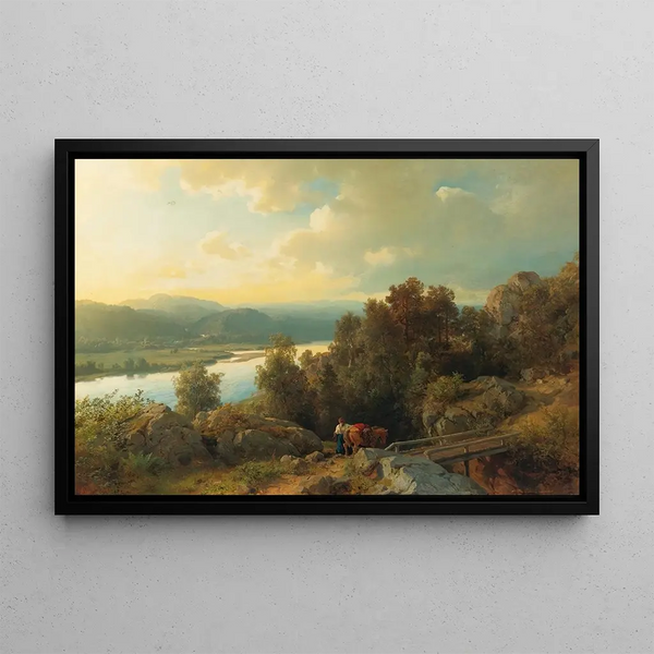 Landscape painting by the lake - Hans Gude — framed artwork on a wall