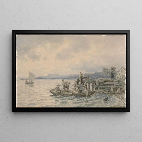 Fishermen on the quay in the Kristiania fjord - Hans Gude — framed artwork on a wall