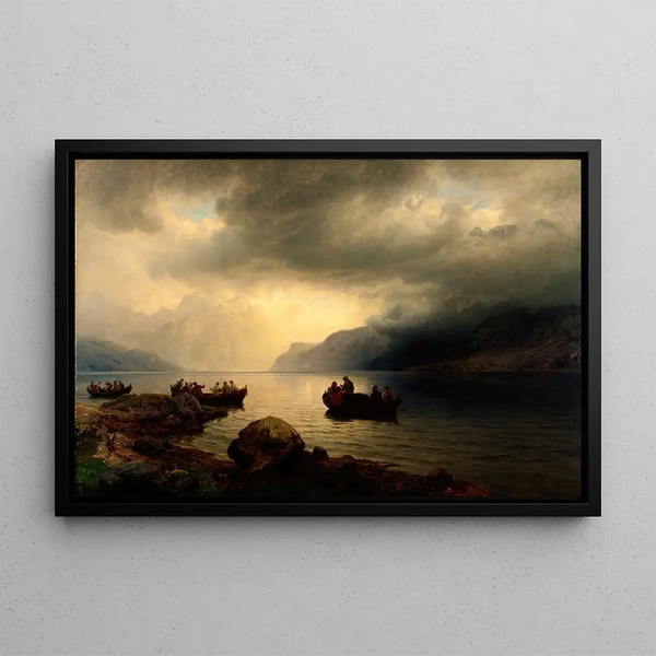 Funeral procession painting on the Sognefjord - Hans Gude — framed artwork on a wall