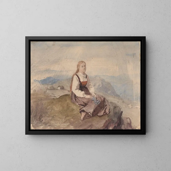 Girl in a Mountain Landscape - Hans Gude — framed artwork on a wall