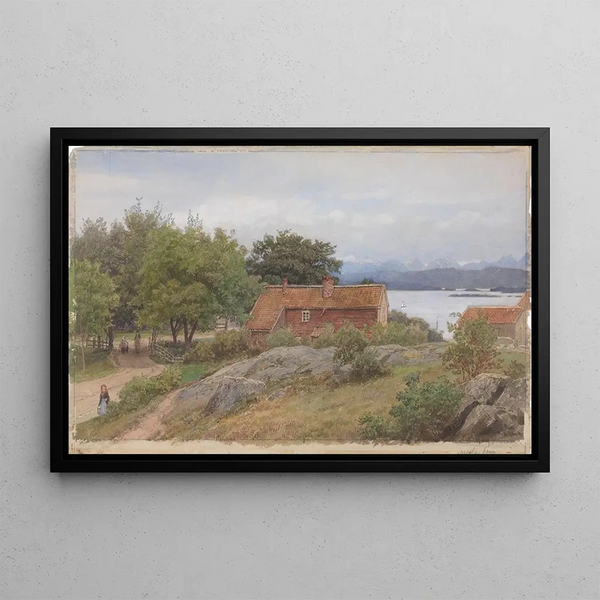 Landscape with Farm near Molde - Hans Gude — framed artwork on a wall